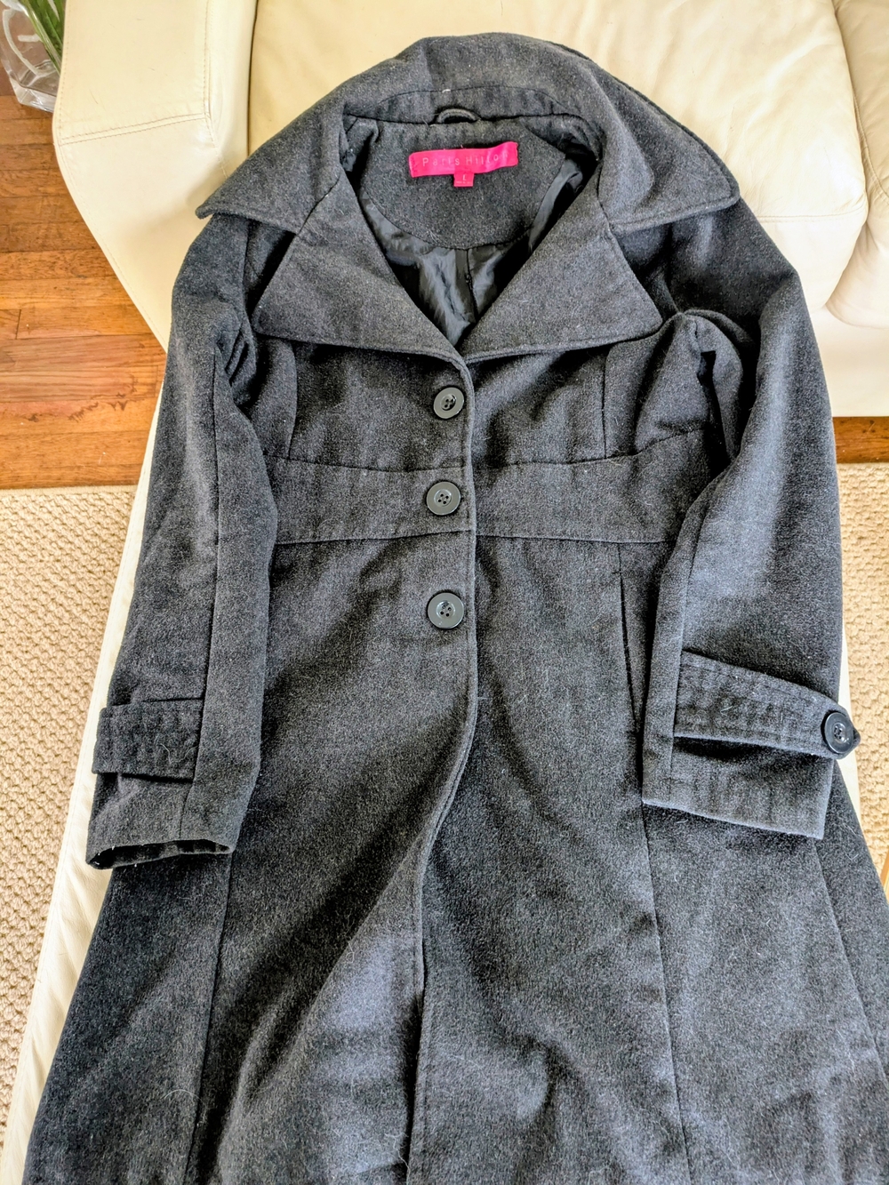 Paris Hilton Charcoal Gray Wool Trench Coat with Wide Collar